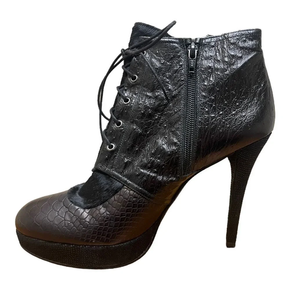 Stuart Weitzman Black Melange Leather Fur Stiletto Ankle Booties Sz 9.5 EUC